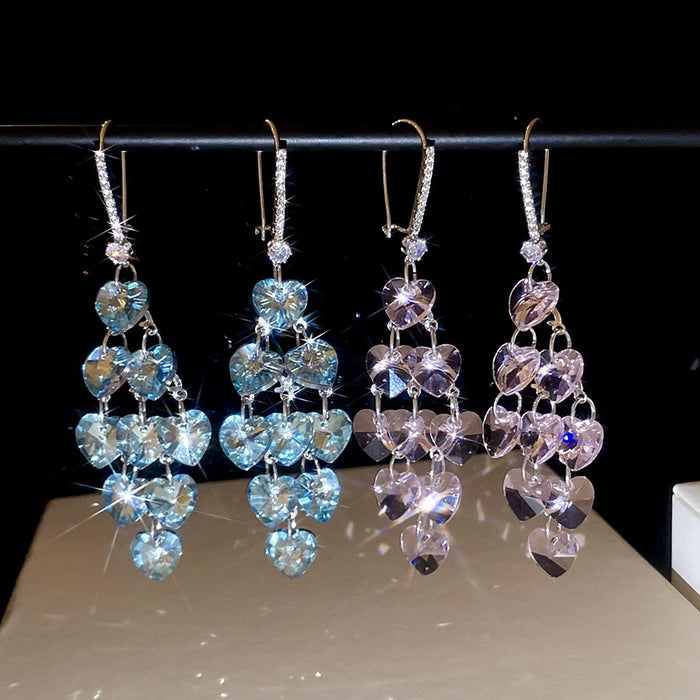 Sparkling Zircon Crystal Heart Tassel Drop Earrings Light Luxury Sweet Elegant Mixed Material Ear Jewelry