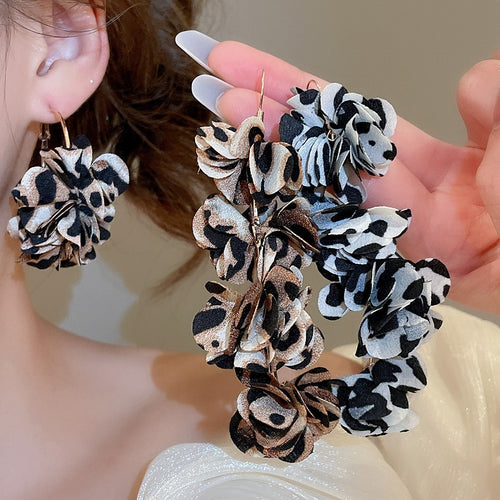 Silver Needle Fabric Flower Tassel Hoop Earrings For Women European American Niche Style