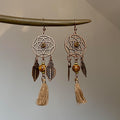 Bohemian Alloy Wooden Hollow Round Leaf Tassel Drop Earrings For Women Light Luxury Geometric Jewelry view 3