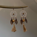 Bohemian Alloy Wooden Hollow Round Leaf Tassel Drop Earrings For Women Light Luxury Geometric Jewelry view 4