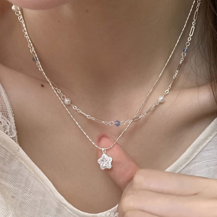 Sparkling Zircon Crystal Pearl Beaded Star Double Layer Pendant Necklace Light Luxury Choker