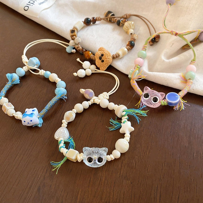 Cute Ceramic Beaded Wax Cord Cat And Dog Charm Bangle For Women