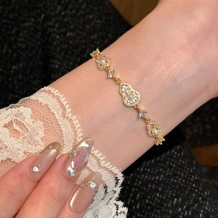 18K Gold Plated Zircon Faux Pearl Gourd Bangle, Elegant New Chinese Light Luxury Jewelry