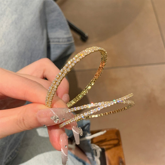 Sparkling Zircon Cross Twist Adjustable Open Copper Bangle, European Luxury Fashion Jewelry