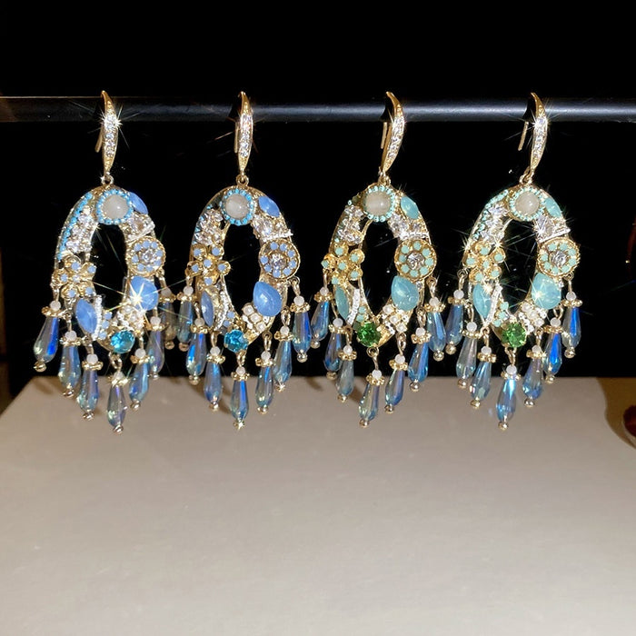 Court Style Zircon Crystal Oval Teardrop Tassel Hook Earrings For Women