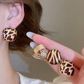 Copper Geometric Round Enamel Stud Earrings, European American Minimalist Textured Jewelry view 2