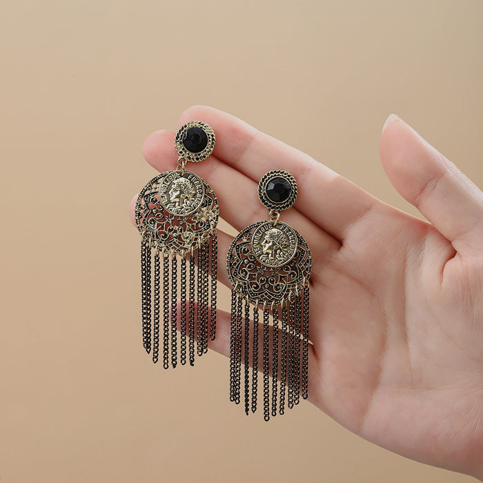Vintage Bohemian Alloy Rhinestone Portrait Coin Tassel Drop Earrings For Women Luxury Ethnic Chain Earrings