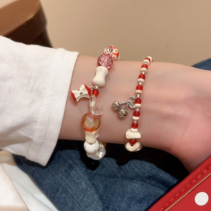 Fresh Sweet Glass Crystal Beaded Bracelet With Apple Cherry Fruit Charms