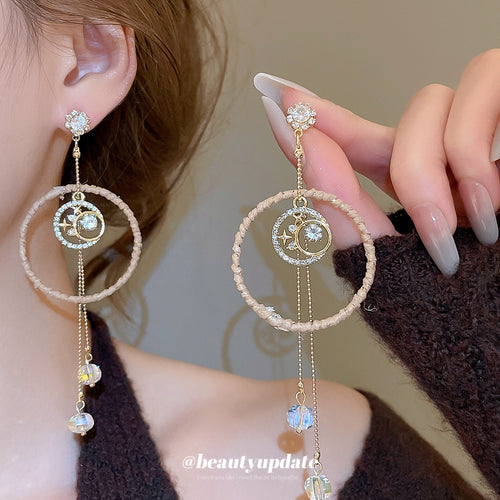 Mixed Material Light Luxury Round Hollow Zircon Crystal Tassel Drop Earrings With Silver Pins