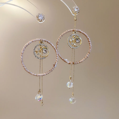 Mixed Material Light Luxury Round Hollow Zircon Crystal Tassel Drop Earrings With Silver Pins