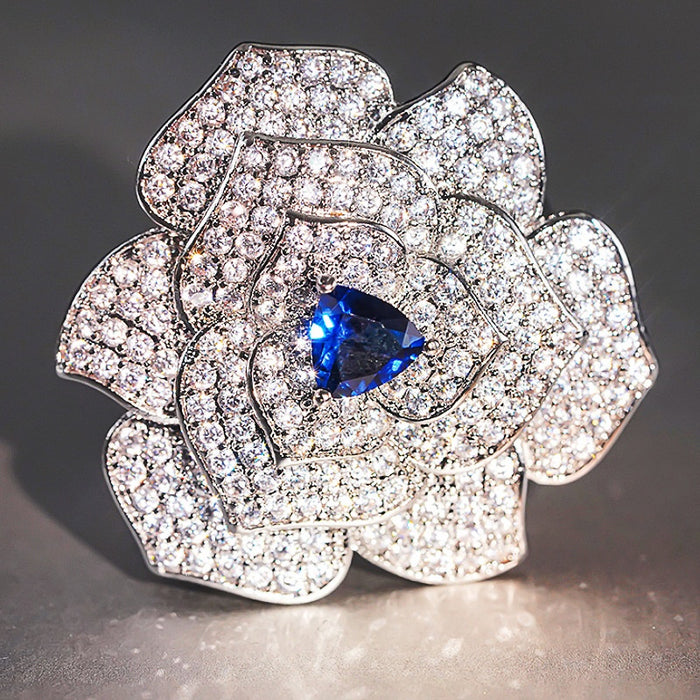 Light Luxury Floral Ring For Women, Sparkling Rose Camellia Flower Fashion Jewelry