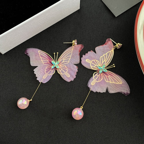 Elegant Fairy Purple Pink Butterfly Alloy Rhinestone Crystal Pearl Tassel Drop Stud Earrings