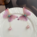 Elegant Fairy Purple Pink Butterfly Alloy Rhinestone Crystal Pearl Tassel Drop Stud Earrings view 3