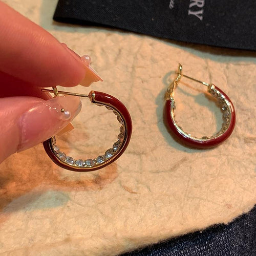 14K Gold Plated Copper Silver Needle Rhinestone Round Hoop Earrings Retro Hong Kong Style Geometric Jewelry