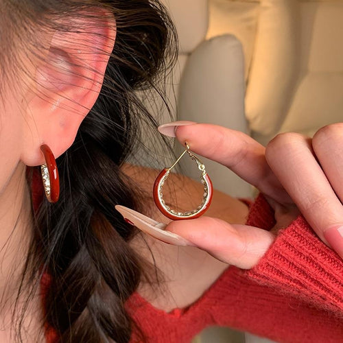 14K Gold Plated Copper Silver Needle Rhinestone Round Hoop Earrings Retro Hong Kong Style Geometric Jewelry