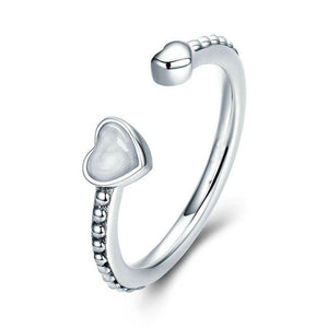 Silver-Tone Open Heart Ring with White Enamel, Adjustable Brass