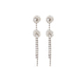 Elegant White Mesh Tulle Rose Flower Drop With Rhinestone Crystal Long Tassel Silver Needle Earrings view 5