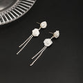 Elegant White Mesh Tulle Rose Flower Drop With Rhinestone Crystal Long Tassel Silver Needle Earrings view 4