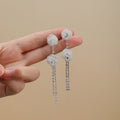 Elegant White Mesh Tulle Rose Flower Drop With Rhinestone Crystal Long Tassel Silver Needle Earrings view 1