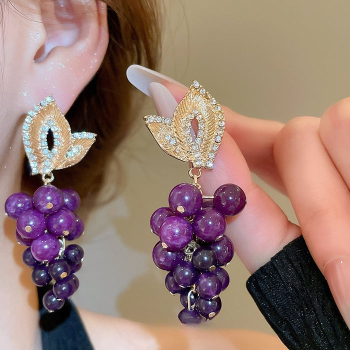 Vintage Alloy Grape Rhinestone Artificial Stone Clip-on Earrings For Women