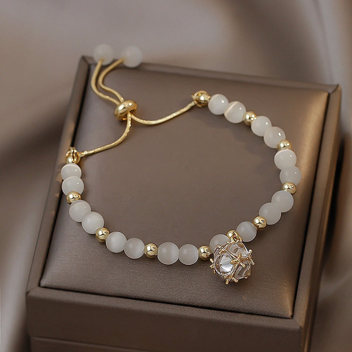 Vintage Rhinestone Cat Eye Stone Beaded Bracelet French Court Geometric Round Charm For Women