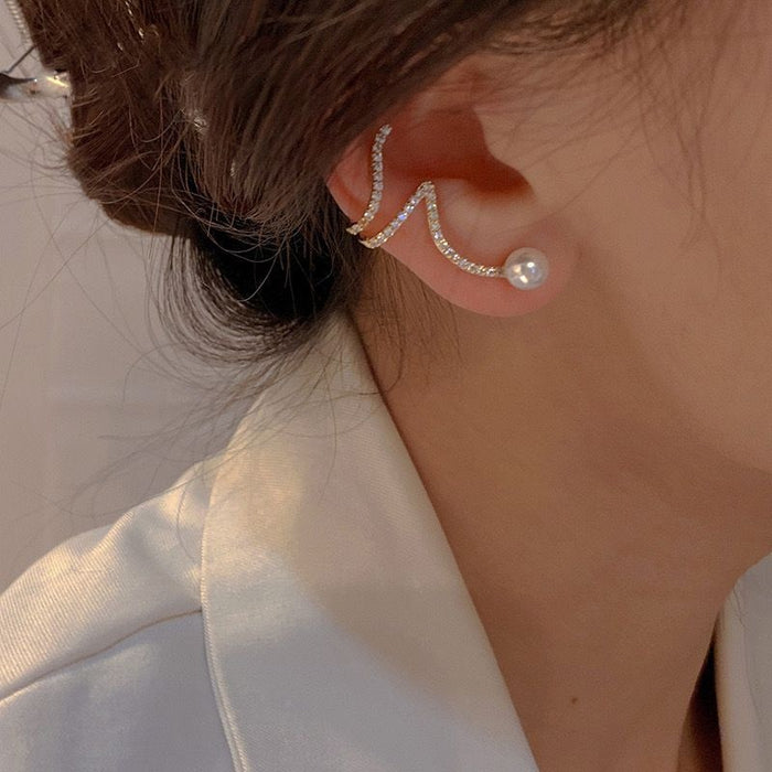 Light Luxury Geometric Line Faux Pearl Rhinestone Clip-on Earrings for Women