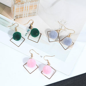Pom Pom Drop Earrings with Gold Tone Square Frame in Seven Colors