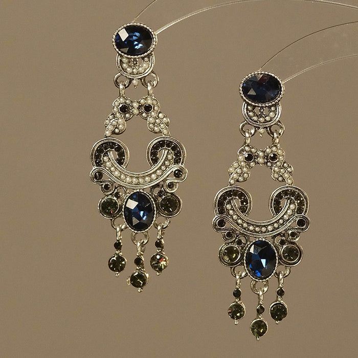 Vintage Court Style Oval Faux Pearl Tassel Drop Earrings With Rhinestone Silver Needle Studs