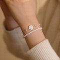 Elegant Faux Pearl Beaded Bracelet With Gold Plated Enamel Camellia Flower Charm For Women view 4