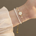 Elegant Faux Pearl Beaded Bracelet With Gold Plated Enamel Camellia Flower Charm For Women view 2