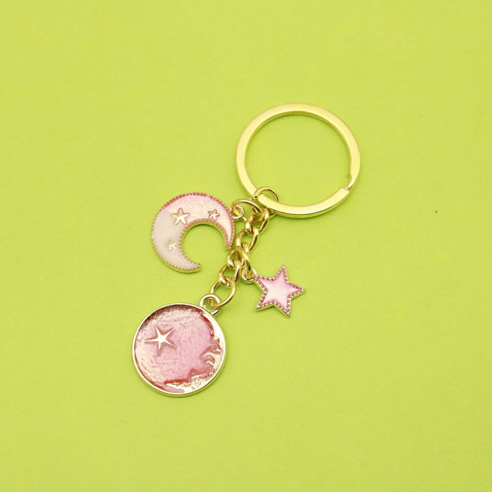 Metal Pink Star Moon Keychain Car Bag Charm