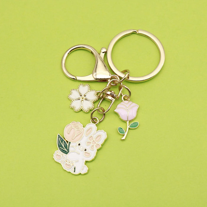 Metal Cartoon Rose Bunny Keychain New Year Gift Bag Charm