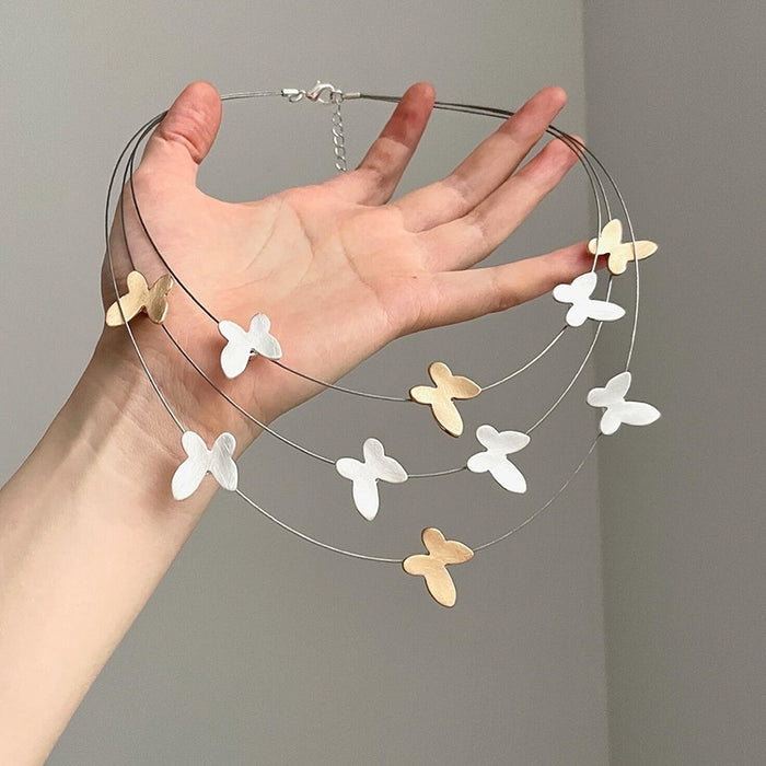 Light Luxury Alloy Butterfly Pendant Tassel Three Layer Clavicle Necklace
