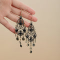 Vintage Bohemian Ethnic Hollow Filigree Black Rhinestone Alloy Chandelier Tassel Dangle Earrings view 1