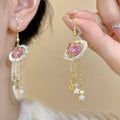 Rhinestone Oval Planet Tassel Drop Earrings, Alloy Vintage Court Style Ear Hook Jewelry view 1