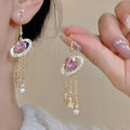 Rhinestone Oval Planet Tassel Drop Earrings, Alloy Vintage Court Style Ear Hook Jewelry view 3