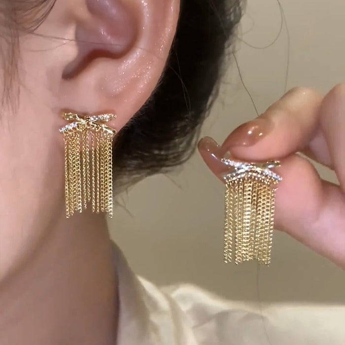 14K Gold Plated Copper Bowknot Zircon Chain Tassel Drop Earrings With Silver Posts