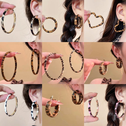 Vintage Copper Leather Leopard Print Geometric Hoop Earrings With Silver Pins