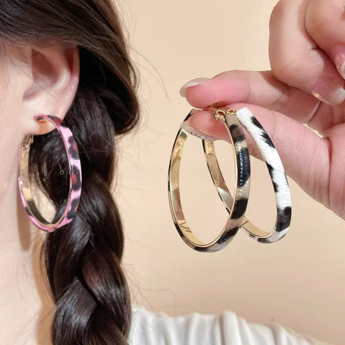 Vintage Copper Leather Leopard Print Geometric Hoop Earrings With Silver Pins