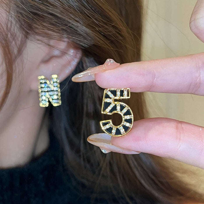 18K Gold Plated Copper Zircon Letter Number Stud Earrings With Silver Pins European Court Style