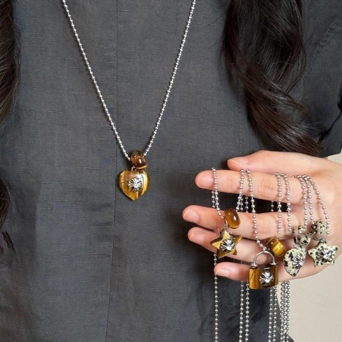 Rhinestone Tiger Eye Resin Heart Cross Pendant Sweater Necklace For Women Ethnic Vintage Vacation Style