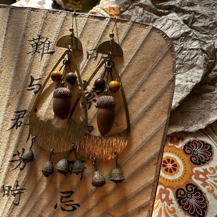 Vintage Distressed Fruit Pit Teardrop Tassel Bohemian Ethnic Drop Earrings
