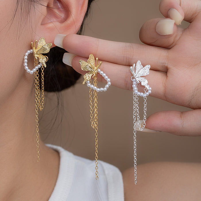 Elegant Luxury Alloy Butterfly Pearl Loop Long Chain Tassel Silver Needle Women's Stud Earrings