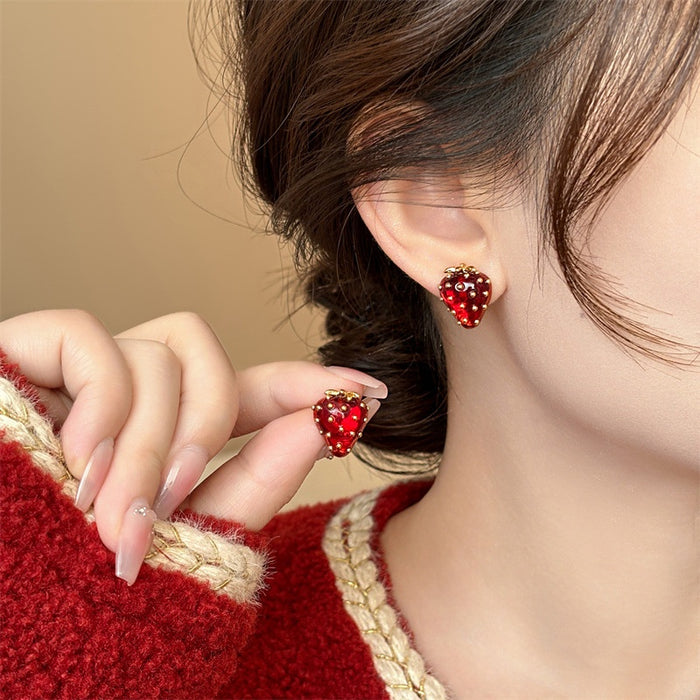 Cute Strawberry Copper Stud Earrings With Silver Pins, Light Luxury Minimalist Fruit Jewelry