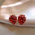 Cute Strawberry Copper Stud Earrings With Silver Pins, Light Luxury Minimalist Fruit Jewelry view 2