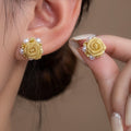 Elegant Gold Mesh Rose Flower Pearl Stud Earrings For Women French Fresh Luxury Fashion Alloy Earrings view 1
