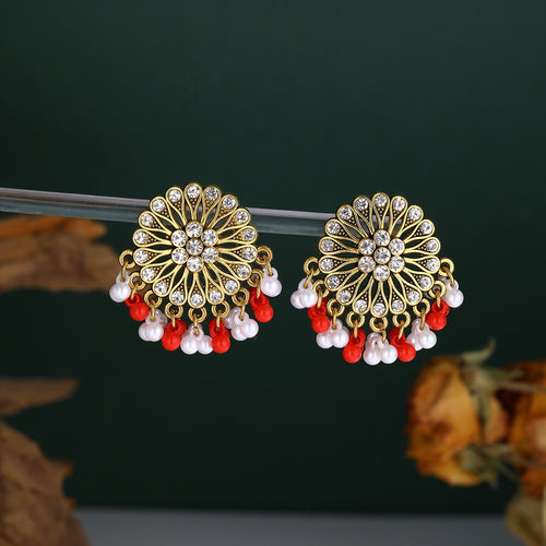 Vintage Ethnic Rhinestone Flower Tassel Pearl Bead Alloy Bohemian Vacation Statement Drop Earrings