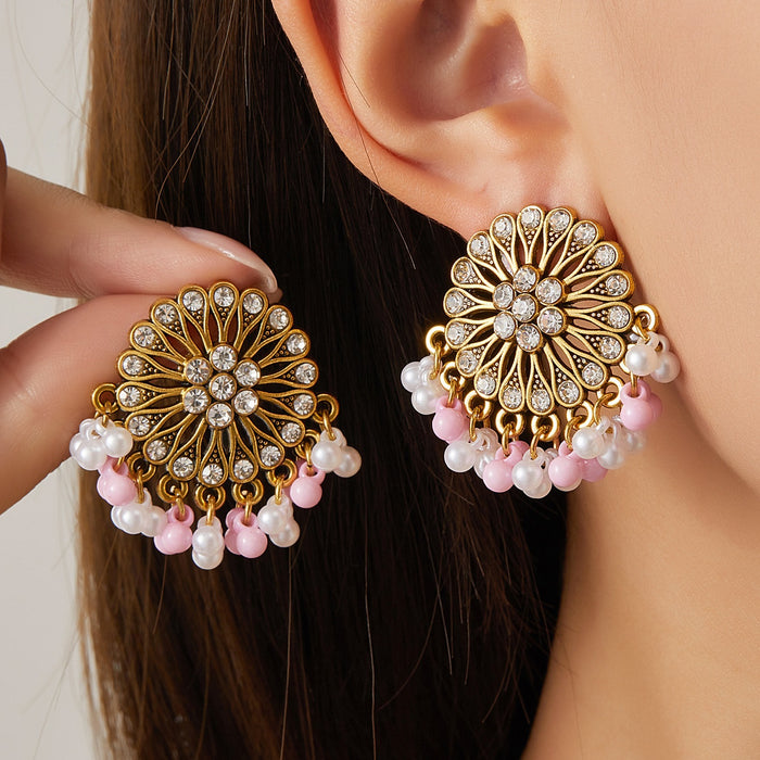Vintage Ethnic Rhinestone Flower Tassel Pearl Bead Alloy Bohemian Vacation Statement Drop Earrings