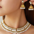 Vintage Ethnic Gold Alloy Bell Jhumka Drops With Crystal Rhinestone Studs And Pearl Tassel Earrings view 1