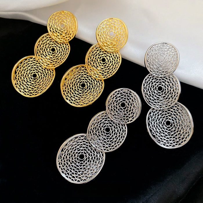 Iron Geometric Round Hollow Pendant Drop Earrings With Crinkled Metallic Luxury Style
